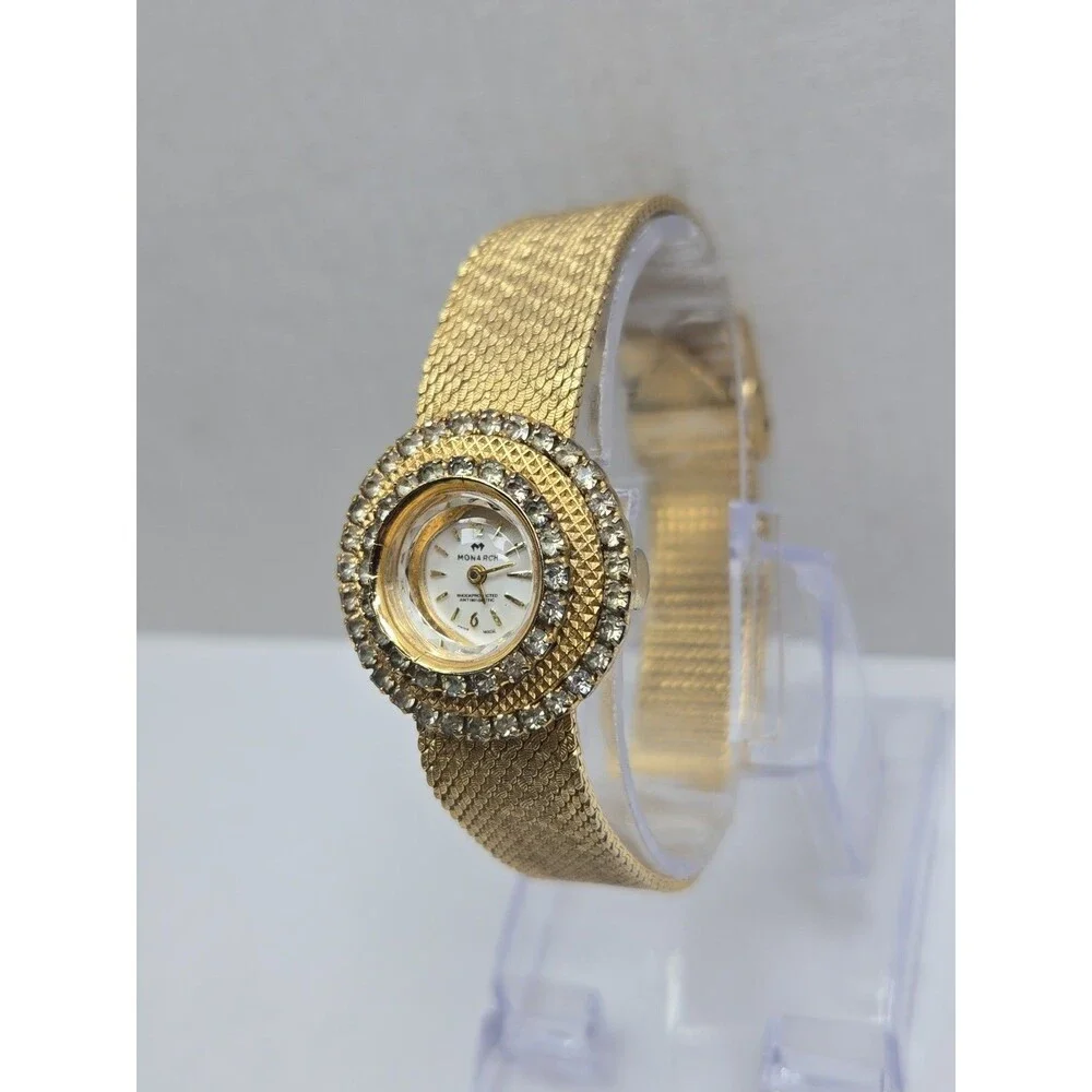 Womens Vintage Monarch Manual Wind Swiss Made Gold Tone Rhinestone Watch Runs